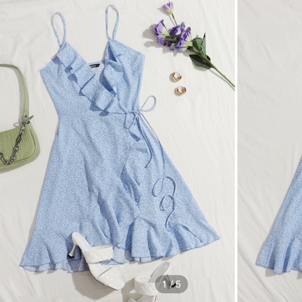 Ruffle Trim Wrap Tie Side Ditsy Floral Slip Dress